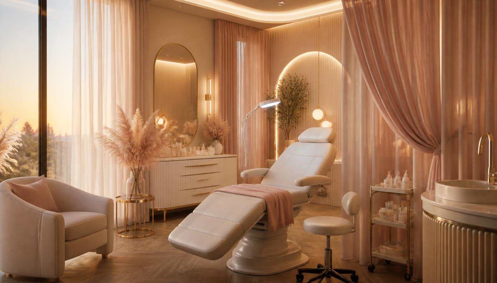 Warm, softly lit luxury beauty studio interior