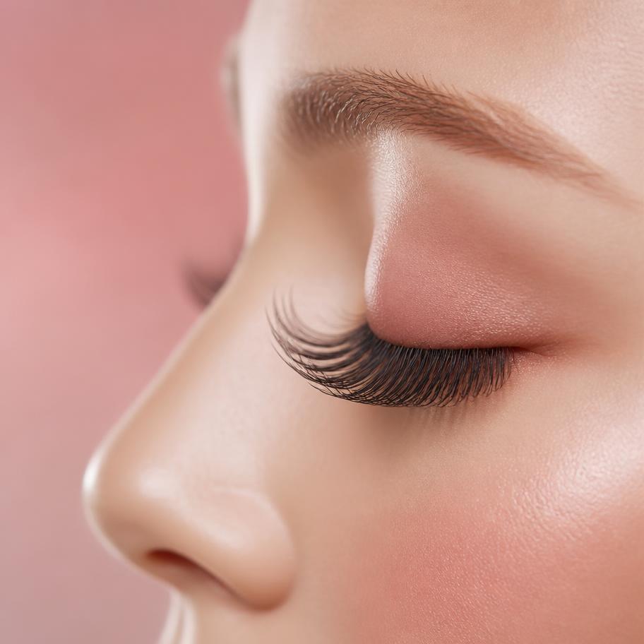Wispy lash extension set on a closed eye