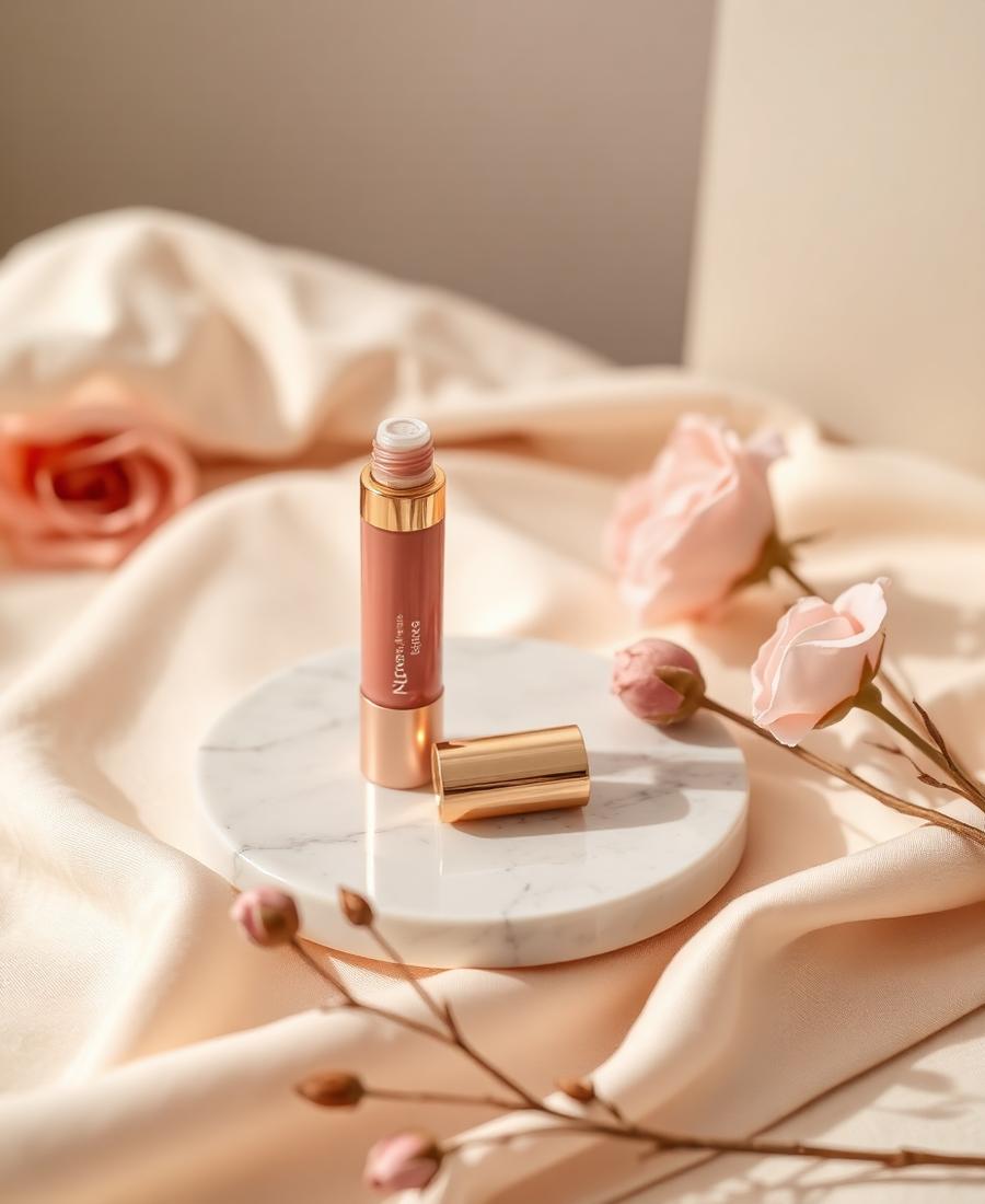 Lip treatment products on a marble tray in a beauty studio