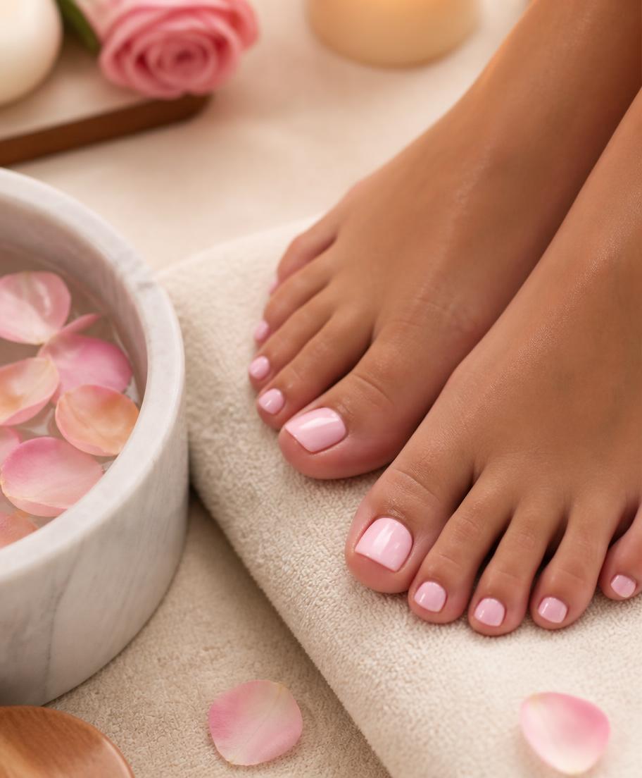 Freshly finished pedicure with soft pink polish